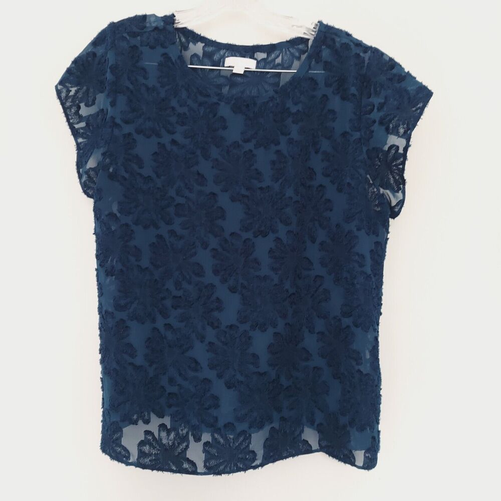 14th & Union Blouse Medium Teal Blue Sheer Floral Short Sleeve Textured